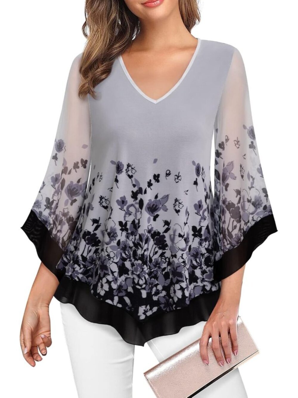 Women's Mesh Shirt Purple Double Layer Ruffle 3/4 Flared Sleeve Blouse Tunic Top
